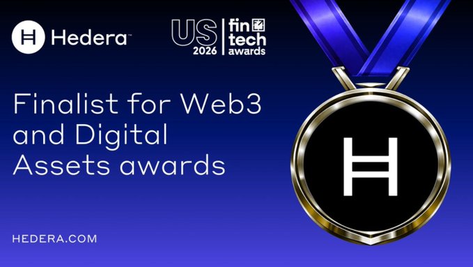 Hedera ($HBAR) is featured as a finalist in the US FinTech Awards 2026 for Web3 and Digital Assets, displayed alongside their logo on a medal graphic with a dark blue background, reinforcing the post's bullish sentiment about the project gaining institutional recognition and ranking improvements.