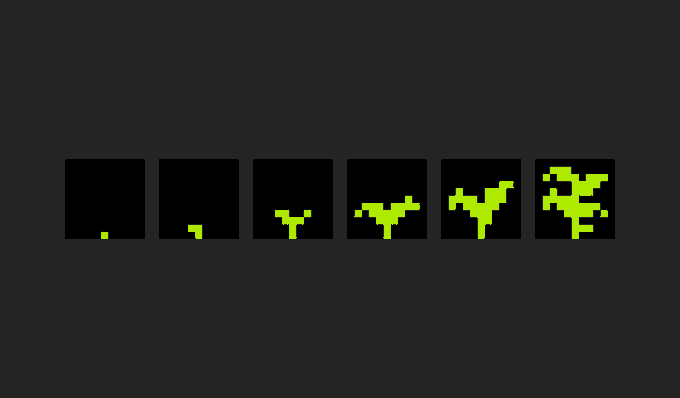 Six black square panels arranged horizontally display a progressive growth sequence, starting with a single green pixel and culminating in a sprawling pixelated plant-like structure, illustrating the evolution of a digital garden over time.