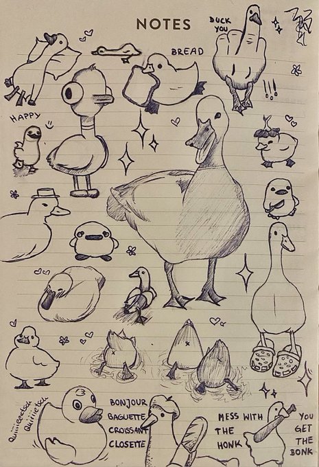 The image features a collection of various duck illustrations, including ducks standing, sitting, and interacting with each other. The text accompanying the drawings includes phrases such as "notes", "notes", "notes", and "notes". These words seem to be related to the content or inspiration behind the drawings. The post also mentions that it was a quiet day not much said but a lot processed in the background, which could imply that the artist spent time reflecting on their thoughts and experiences while creating these illustrations.