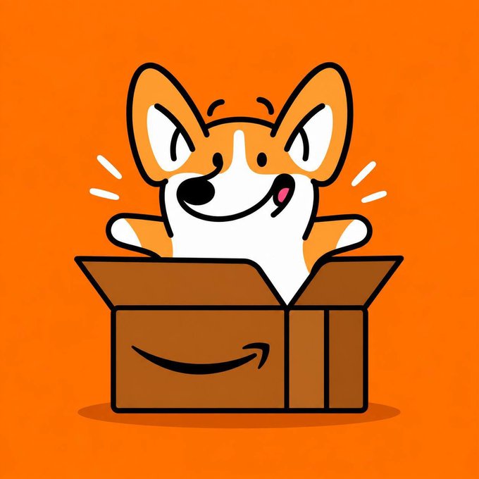 A cheerful cartoon corgi peeks out from an open Amazon-branded cardboard box, featuring the iconic Amazon smile logo on the side. The illustration aligns with the post's claim of a new "official Amazon mascot" reveal, using the playful dog-in-a-box imagery as a visual representation of the supposed launch.