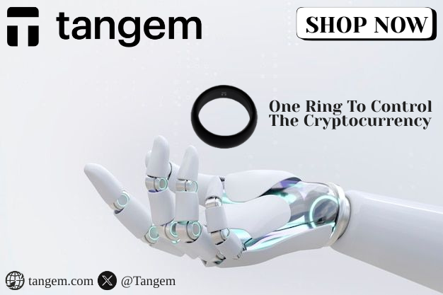 A sleek Tangem Ring hovers above a robotic hand in this promotional graphic, featuring the tagline "One Ring To Control The Cryptocurrency" alongside a "SHOP NOW" button. The image visually reinforces the accompanying post's message of effortless self-custody, showcasing the futuristic, wearable hardware wallet that simplifies crypto security through tap-to-transact functionality.