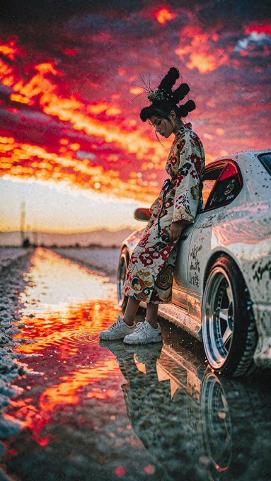 A stylized photo of a woman in an elaborate floral kimono and traditional hair ornaments leaning against a white car, set against a dramatic red and orange sunset over water.