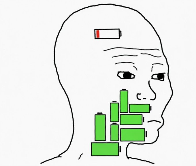 The image depicts a Wojak meme with a nearly depleted battery symbol in the head, suggesting mental exhaustion, and several green battery symbols filling the face and neck area, possibly representing suppressed emotions or energy stores. This visual complements the post by illustrating the "average CT trader" who is "fudding his own bags" with an outwardly collected (green batteries) but inwardly drained (red battery) demeanor.