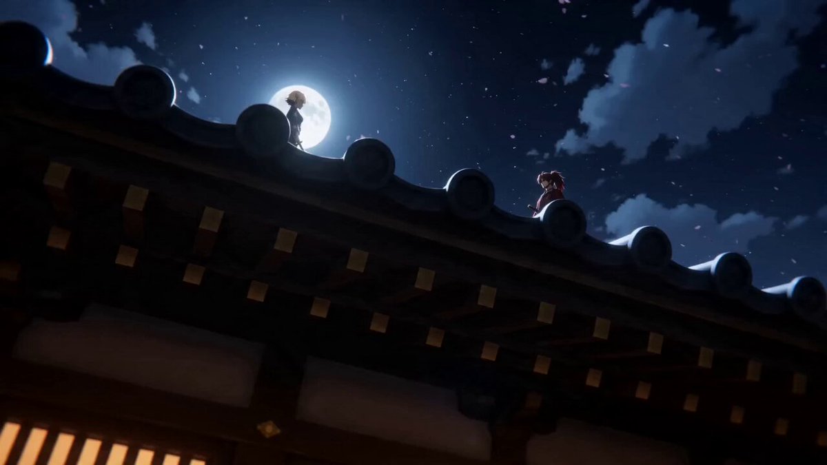 The image features a couple standing together at the top of a roof, with one person wearing an orange outfit and the other dressed in black. The scene takes place under a full moon, creating a romantic atmosphere. In the background, there are buildings visible, suggesting that they might be on a rooftop or near some urban area. The image also includes text that reads "Fight Again Azuki超えを目指したedo2022政宗の話 edo2022の復活を求めてる人に届いて欲しい". This phrase is likely a reference to the anime "Battle Angel" and its main character, Azuki.