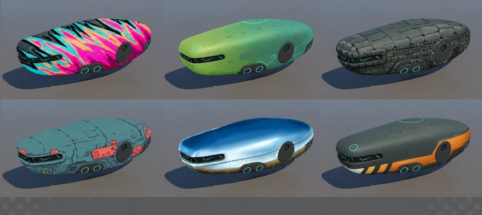 Six variations of a futuristic hover vehicle called the "Starpod" are displayed, featuring sleek, pill-shaped designs in diverse colors and patterns including neon pink/black stripes, glossy green, textured gray, weathered blue, reflective chrome, and orange/black accents. The image showcases the base alpha version of this home-lander-ship hybrid, emphasizing its streamlined, customizable aesthetic while noting it's not designed for resource transport.