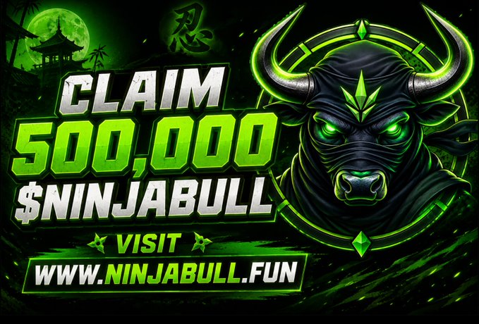 A promotional banner featuring a fierce black bull with glowing green eyes and horns against a neon green ninja-themed background, advertising a giveaway of "CLAIM 500,000 $NINJABULL" and directing users to visit www.ninjabull.fun. The image visually reinforces the accompanying post's airdrop instructions, which outline steps to claim 500,000 $NINJABULL tokens for the first 3,000 eligible wallets.