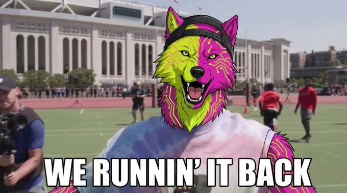 An illustrated neon pink and yellow wolf wearing a backwards cap and tie-dye shirt stands in front of a stadium, with the caption 'WE RUNNIN' IT BACK' displayed across the bottom.