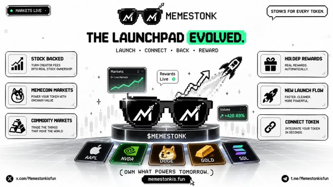 A promotional banner for 'MEMESTONK - THE LAUNCHPAD EVOLVED' with features including Stock Backed, Memecoin Markets, Commodity Markets, Holder Rewards, New Launch Flow, and Connect Token, showcasing supported assets AAPL, NVIDIA, DOGE, GOLD, and SOL.