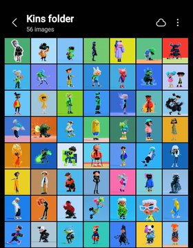 A gallery folder titled "Kins" containing 56 images of various NFT character collectibles with different outfits and colors.