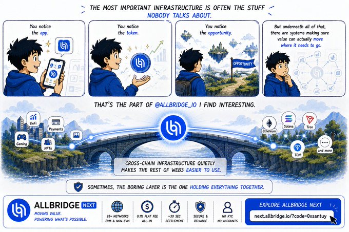 A promotional graphic for Allbridge (NEXT) featuring an anime-style character in blue, highlighting cross-chain infrastructure across DeFi, NFTs, Ethereum, Solana, Tron, and TON with features such as 28+ networks, 0.1% flat fee, and <30 sec settlement.