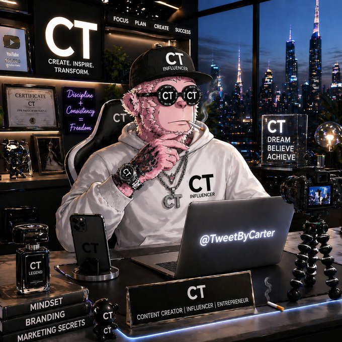 A suited, pink-furred anthropomorphic figure wearing "CT Influencer" branded gear sits at a desk full of motivational signs, books, and a laptop displaying "@TweetByCarter," with a city skyline backdrop—juxtaposing a polished, successful "Content Creator | Influencer | Entrepreneur" persona with the caption's admission of being 26 and unemployed. The image ironically contrasts the aspirational branding ("Create. Inspire. Transform.") with the post's self-deprecating message about being an "unemployed degen."