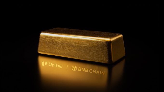 The image features a gold bar sitting on top of a black background. The gold bar has a shiny, reflective surface that catches the viewer's attention. In front of the gold bar, there are two lines of text written in white color. One line reads "Gold has remained a store of value for centuries." and the other says "This week, it becomes productive. XGLD is live on @BNBCHAIN , collateralized by XAUt, with yield generated through Unitas strategies." The gold bar itself appears to be made of pure gold, which adds to its visual appeal and significance in the image.