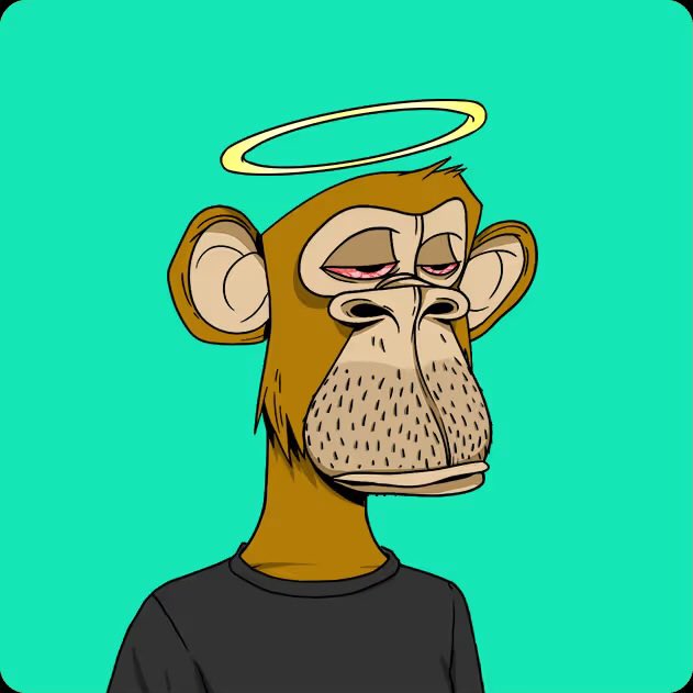 A cartoon-style Bored Ape character with brown fur, half-closed eyes with red pupils, stubble, wearing a black t-shirt, and featuring a glowing yellow halo above its head against a turquoise background.