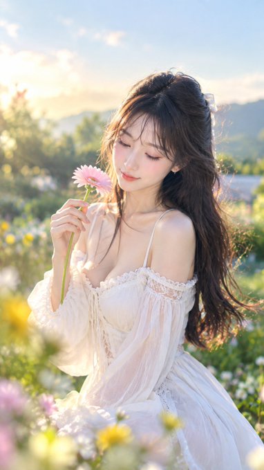 A young woman with long dark hair wearing a white off-shoulder lace dress, holding a pink flower near her face in a sunlit field of wildflowers.