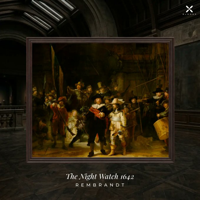 A framed reproduction of Rembrandt's famous painting 'The Night Watch 1642' hanging in a dark gallery space, with the X (formerly Twitter) logo visible in the top right corner.