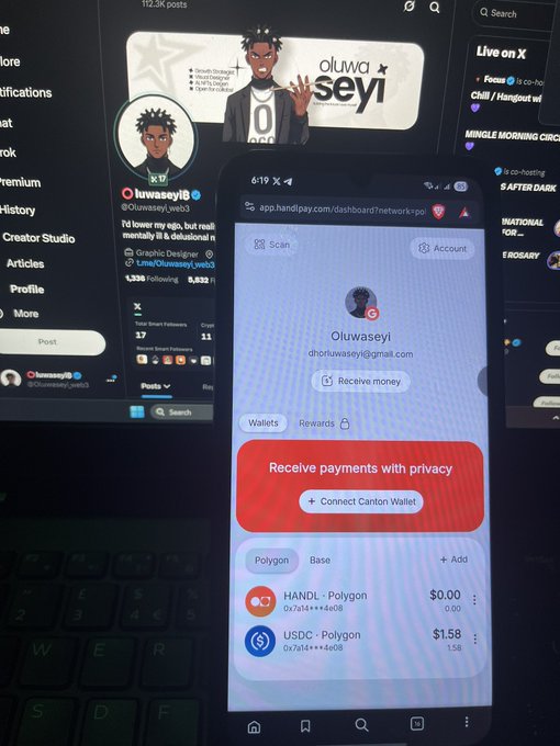 A smartphone displaying the HandPay app shows Oluwaseyi's account (@oluwaseyi@gmail.com) with $1.58 in USDC on Polygon, positioned in front of a laptop displaying his X (Twitter) profile. This visual ties to the post's caption by demonstrating how the user successfully sent money using just a social media handle, connecting the username "Oluwaseyi" visible on both screens to verify the seamless payment experience.