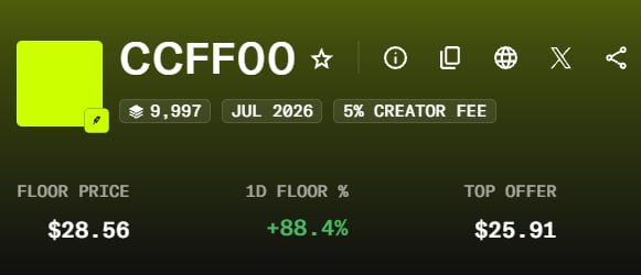 A digital NFT collection display for token CCFF00, showing 9,997 supply, a July 2026 release date, 5% creator fee, a floor price of $28.56, and a top offer of $25.91.