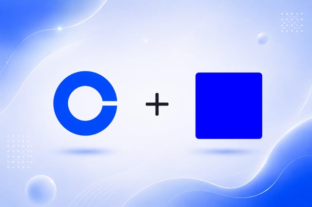The image features a blue square and a white circle, both of which are outlined with black lines. They are set against a light blue background that has white dots scattered throughout. The text "Coinbase Developer Platform supports builders on Base" is written in white at the bottom right corner of the image.