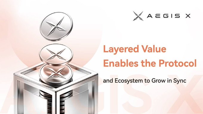 A sleek silver coin embossed with the "X" logo is suspended above a metallic cube structure, alongside the AEGIS X branding and the text "Layered Value Enables the Protocol and Ecosystem to Grow in Sync." The image visually reinforces the post's message about coordinated growth, symbolizing how the AGX token anchors the protocol foundation while the X token expands outward—mirroring the stacked, layered concept of unified value creation between protocol and ecosystem.