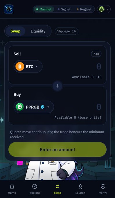 A cryptocurrency swap interface showing a Sell BTC for Buy PPRGB transaction on the Mainnet, with options for Liquidity and 1% Slippage.