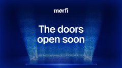 A dark blue teaser screen for 'merfi' displaying the text 'The doors open soon' in white over a subtle image of open curtains.
