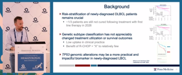 A conference slide featuring speaker S. Melnick presents "Background" on DLBCL treatment, noting that while risk-stratification of newly-diagnosed DLBCL patients is improving, current classification has not appreciably changed survival outcomes, with Brentuximab vedotin as the only biomarker in newly-diagnosed cases. The slide supports the accompanying post about Artan Bio's research into drugs that suppress somatic mutations involved in aging to impact lifespan and healthspan.