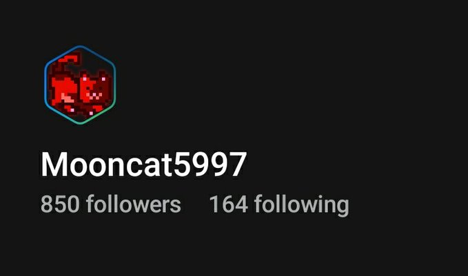 A profile screen on a dark background displaying the username "Mooncat5997" with "850 followers" and "164 following," accompanied by a pixel art red cat avatar in a hexagonal frame.