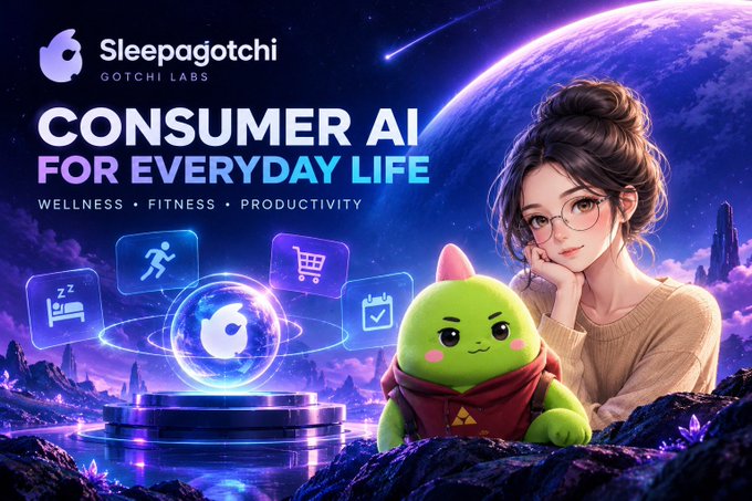 A promotional banner for "Sleepagotchi" by Gotchi Labs advertising "CONSUMER AI FOR EVERYDAY LIFE" focused on Wellness, Fitness, and Productivity, featuring an anime-style woman and a green cartoon character with a crown on an alien planet landscape.