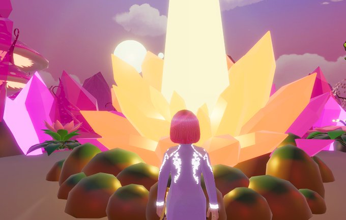 A pink-haired figure stands before a glowing, crystal-like monolith emitting a brilliant beam of light into a vibrant, surreal landscape of pink and orange crystals—visually conveying the ominous, otherworldly atmosphere suggested by the caption "sounds ominous."