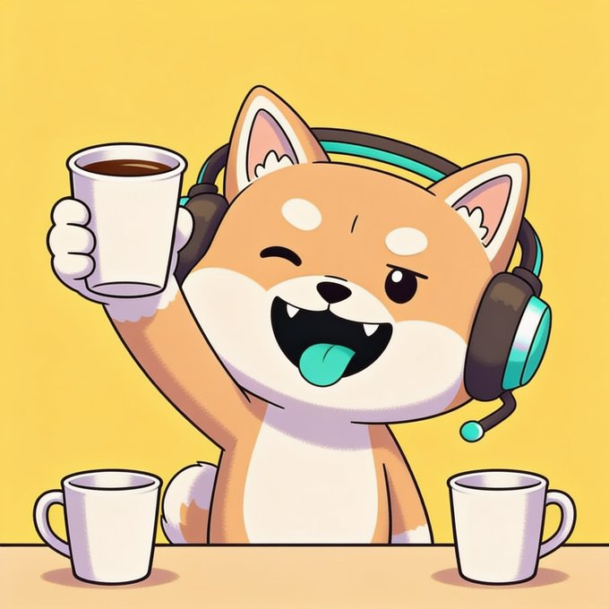 A cheerful Shiba Inu wearing headphones triumphantly raises a coffee cup in a wink, with two more empty mugs on the table—playfully illustrating the caption about celebrating National Coffee Day with "the first" of many, despite already being on the third.