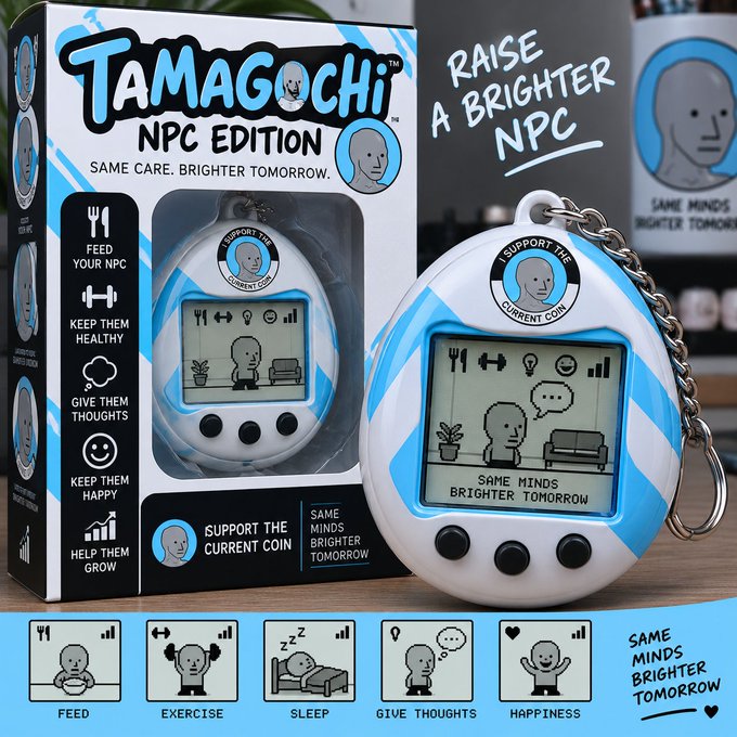 A product image of a 'Tamagochi NPC Edition' keychain device with the tagline 'Raise a Brighter NPC' and 'Same Care. Brighter Tomorrow.' showing feeding, exercise, sleep, and happiness features.