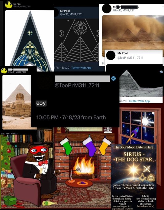 A collage of posts from "Mr Pool" (@looP_rM311_7211) featuring Egyptian pyramid imagery, the Sphinx, an "all-seeing eye" pyramid, and a cartoon figure in a tuxedo by a fireplace with stockings, alongside an infographic about "SIRIUS - THE DOG STAR" and an "XRP Moon Date" referencing 7/18/23. The image ties to the post by emphasizing Mr. Pool's fixation on the Egyptian calendar ending on 7/18, connecting pyramids and Sirius symbolism to his crypto/moon-date predictions.