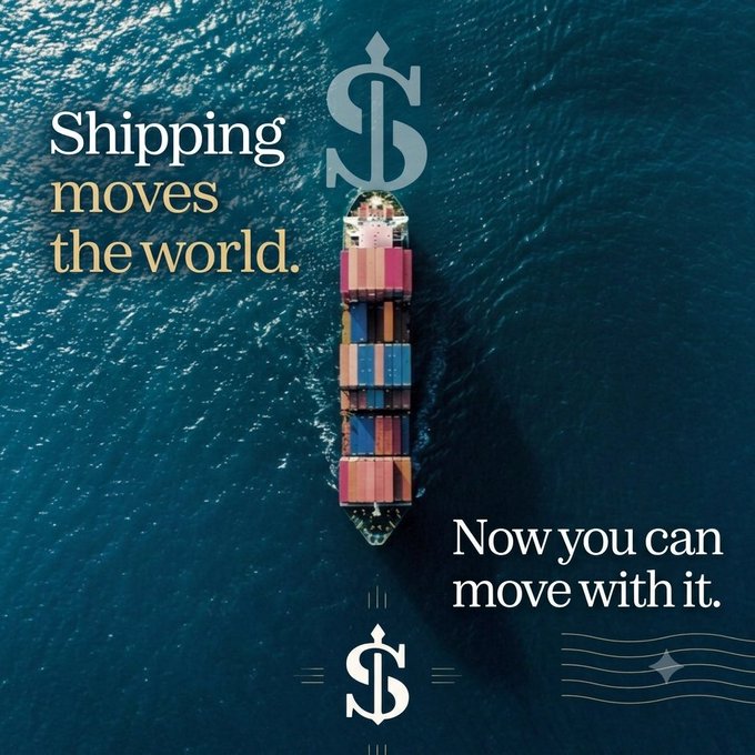 Aerial view of a container ship sailing through deep blue ocean waters, with text reading 'Shipping moves the world. Now you can move with it.' and a stylized anchor/dollar sign logo.