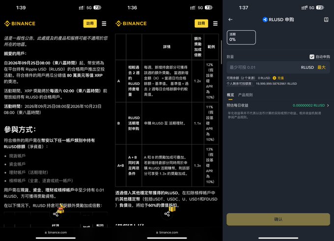 Three screenshots from Binance's mobile app detail a RLUSD airdrop event held in partnership with Ripple from September 25 to October 23, 2026, showing the eligible user criteria, reward tiers (including 12% extra APR for holding ≥2 RLUSD), and a confirmation screen offering 0% annualized yield with a minimum subscription of 0.01 RLUSD.