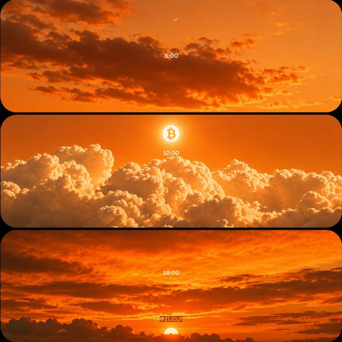 A triptych of fiery orange skies transitions from dawn (6:00) through midday (12:00) where a sun shaped like the Bitcoin ₿ logo rises above clouds, to dusk (18:00) with the setting sun above an ETH ticker, visually symbolizing the daylong rise and inevitable emergence of Bitcoin and Ethereum.