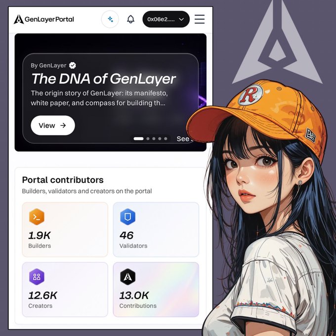 The image shows the GenLayer Portal interface featuring an article titled "The DNA of GenLayer" and portal contributor statistics (1.9K Builders, 46 Validators, 12.6K Creators, 13.0K Contributions), alongside an anime-style illustration of a girl in an orange "R" cap. This visual reinforces the post's message about discovering an active, welcoming community on GenLayer, contrasting the creator's past experiences of being overlooked in crowded project Discords with the sense of belonging felt within this structured portal of recognized contributors.