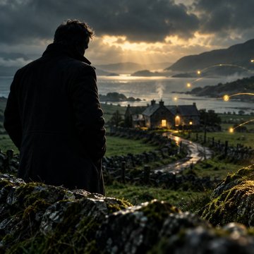 A silhouetted figure overlooks a moody rural village at sunset as glowing points trace the winding road below. The scene evokes a hidden stash or surveillance accompanying reports that 500 $BTC linked to former Irish drug dealer Clifton Collins moved from a 6,000 $BTC hoard bought before 2012; no text is visible in the image.