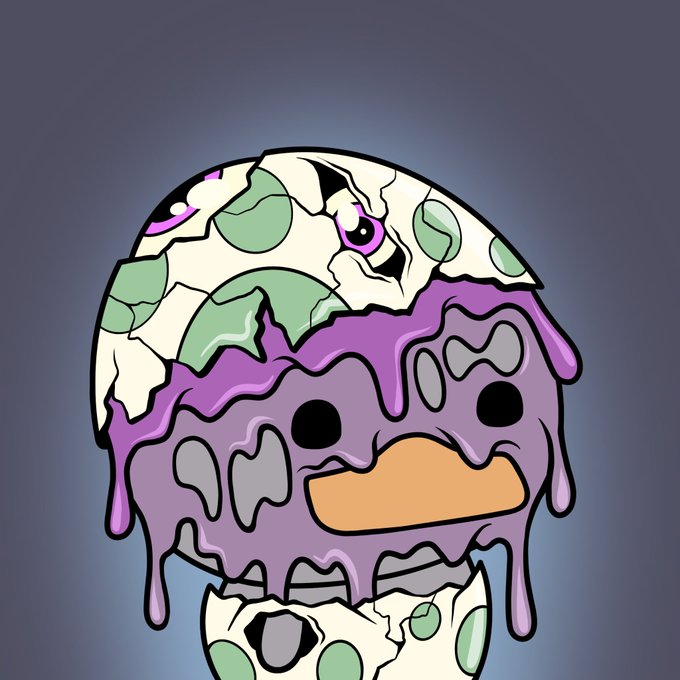 A cracked, purple mutant duck egg with green spots drips slime, with a small duckling hatching from below—representing the "egg shell Mutant Duck" digital collectible from the Mutant Quest 1/1 collection that was sold for 420 $QUEST.