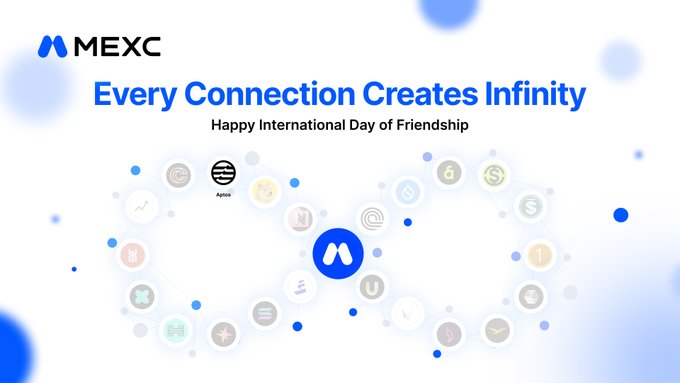 A MEXC cryptocurrency exchange promotional banner reading 'Every Connection Creates Infinity' for International Day of Friendship, displaying a network of connected cryptocurrency logos.