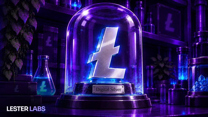 Promotional image by Lester Labs featuring a large Litecoin (Ł) symbol displayed inside a purple glass dome labeled "Digital Silver."