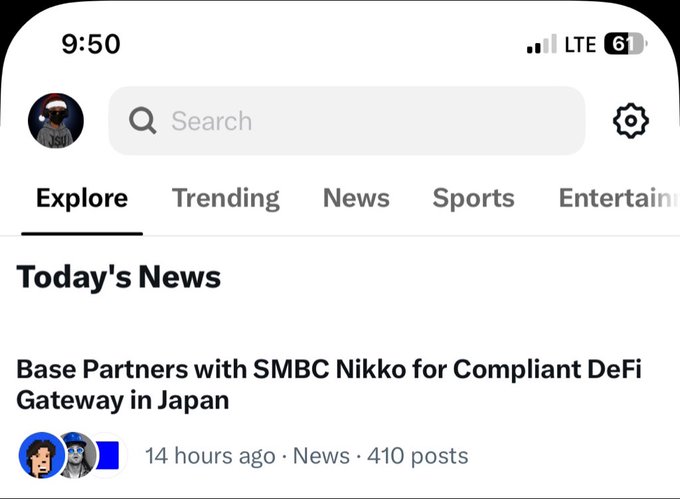 A mobile app interface showing a news feed with 'Today's News' featuring an article titled 'Base Partners with SMBC Nikko for Compliant DeFi Gateway in Japan', posted 14 hours ago with 410 posts.