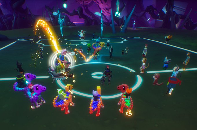 The image features a group of people dressed up as characters from a video game, standing around a soccer field with neon lights illuminating them. The players are wearing costumes that include various colors such as red, blue, green, yellow, and purple. One player is holding a soccer ball while others are engaged in the game or posing for photos. The post about Game Time on @OthersideMeta suggests that this gathering could be an event related to the video game they're playing, possibly a convention or a meetup of gamers who share their passion for the game and its characters.