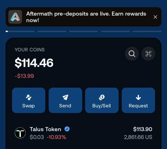 A crypto wallet interface showing a balance of $114.46 with a -$13.99 change, displaying Talus Token holdings and a banner for 'Aftermath pre-deposits are live. Earn rewards now!'