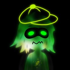A stylized digital illustration of a green-haired character wearing a glowing yellow-green beret and a black mask, set against a dark background.
