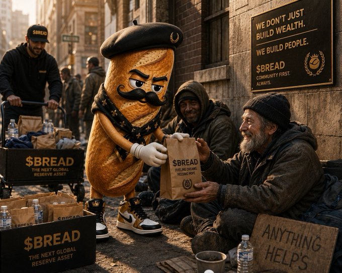 A whimsical bread mascot wearing a beret and sneakers hands a paper bag labeled "$BREAD FUELING DREAMS, FEEDING HOPE" to a homeless man beside a cardboard sign reading "ANYTHING HELPS," while a sign behind them declares "WE DON'T JUST BUILD WEALTH. WE BUILD PEOPLE. $BREAD COMMUNITY FIRST. ALWAYS." The scene visually reinforces the post's message that $BREAD prioritizes community and human connection over mere wealth-building, depicting charitable outreach alongside crates marked "$BREAD THE NEXT GLOBAL RESERVE ASSET."