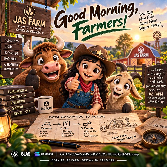 A colorful promotional graphic titled "Good Morning, Farmers!" features a cartoon girl and animals in front of a barn labeled "JAS FARM," alongside a Solana contract address "Ca:A7762oSxd5gddMdufC91C52C2T8cFwBjQf8fcVDEpump" and a process diagram "FROM EVALUATION TO ACTION."