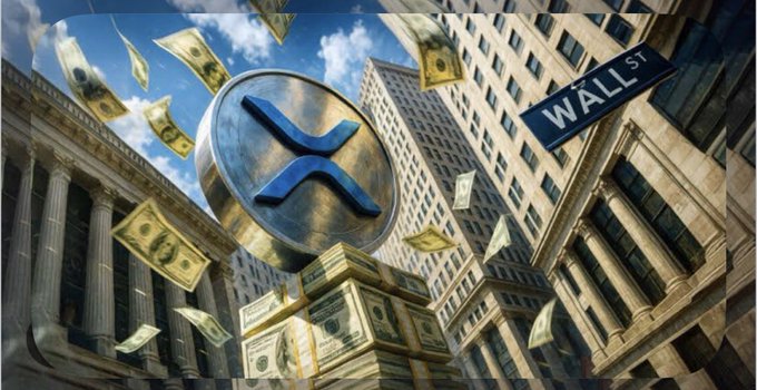 A digital illustration featuring the XRP cryptocurrency logo prominently displayed on a coin, surrounded by floating dollar bills, with Wall Street buildings and a 'WALL ST' street sign in the background.