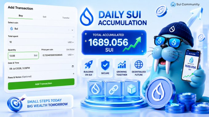 The image showcases the "Sui Community" Daily Sui Accumulation tracker displaying a total of **1689.056 SUI**, alongside a transaction interface recording the day's purchase of **13.88 SUI** at **$0.72** per coin for a **10 USDC** spend, visually reinforcing the post's theme that building wealth on Sui comes from consistent, small daily efforts.