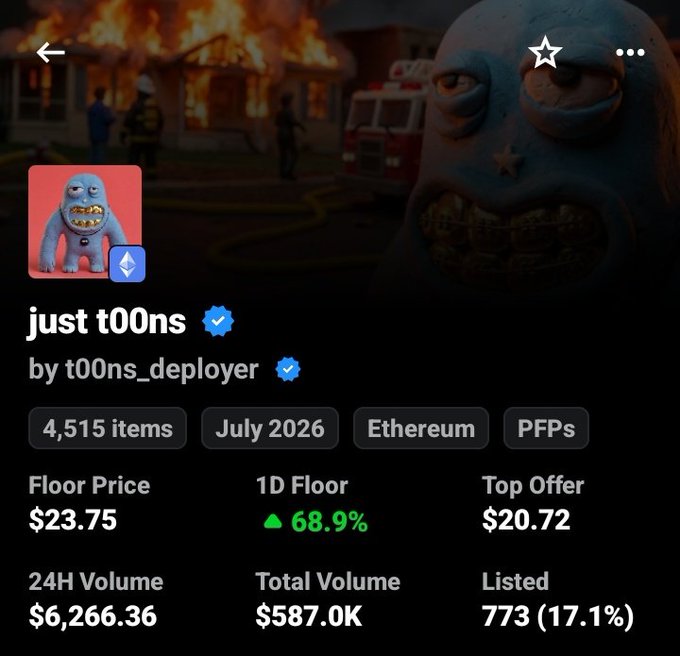The image shows an NFT collection listing for "just t00ns" by t00ns_deployer on Ethereum, featuring 4,515 items with a floor price of $23.75 and a notable 68.9% increase in 1D floor. The dramatic backdrop of a burning house with firefighters illustrates the post's warning that t00ns may be on the verge of a sudden surge ("pulling a Kanye"), as MOMO previously did, suggesting its low $23.75 price point is primed for a major breakout.