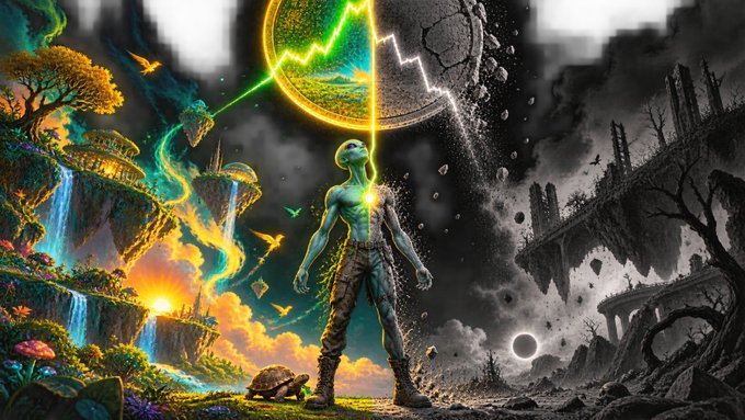 A surreal fantasy artwork depicting an alien-like humanoid standing before a shattered yellow planet, with a vibrant green landscape on the left and a desolate black-and-white wasteland on the right.